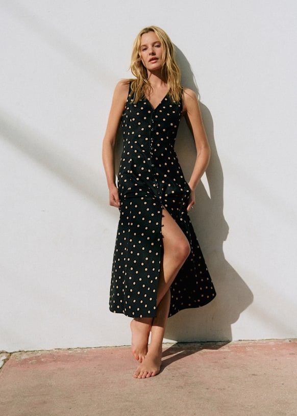 Robe Fitia - Imprimé Pois Beige Fond Noir - Lin - Sézane