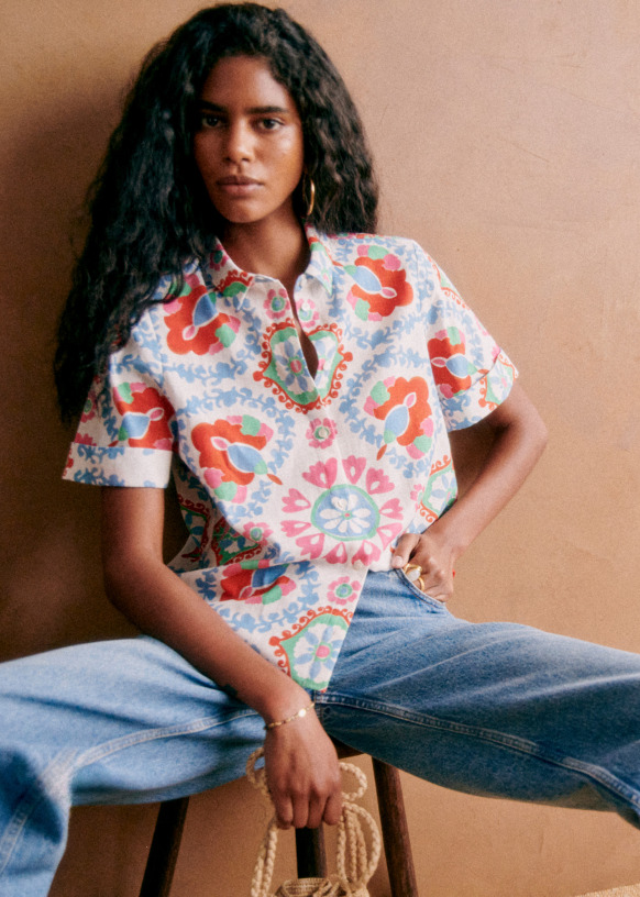 Livia Shirt - Cinnamon with Ecru Trimming - Linen - Sézane