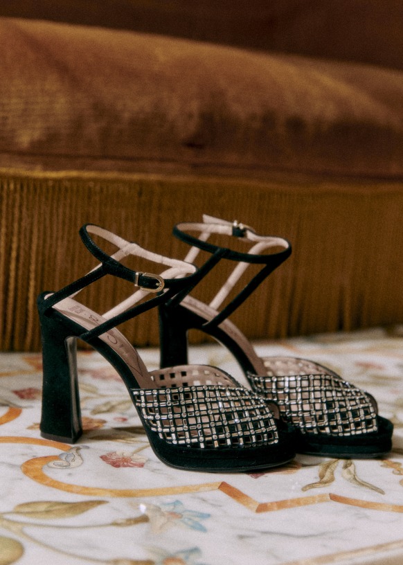 Sandali Thomas CFM Souliers x Editions Sezane Velluto nero strass Pelle di capra scamosciata Sezane