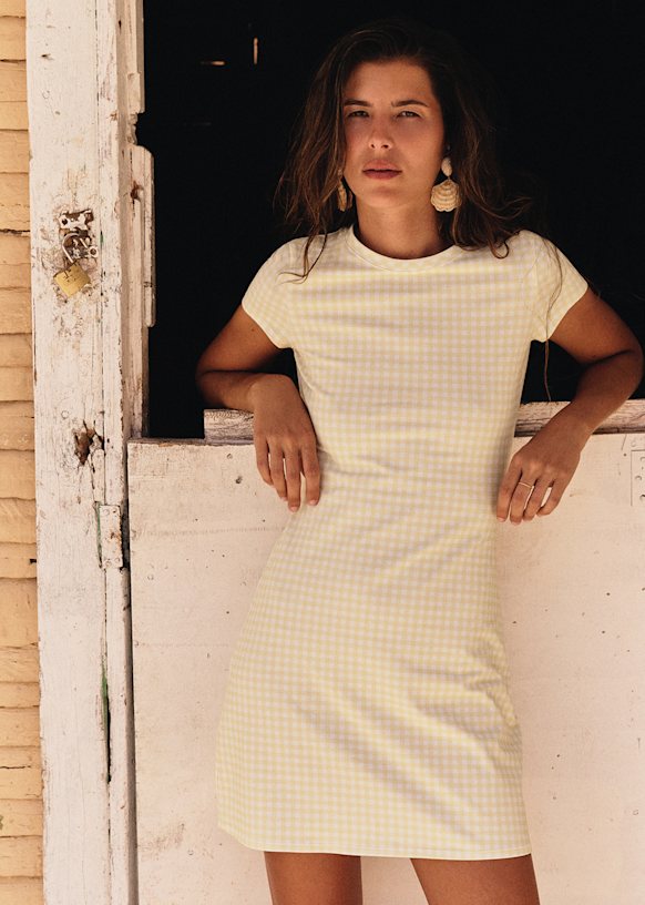 Camila Dress - Ecru and Yellow Gingham Print - Organic cotton - textile made from organic fibers - Szane Camila Dress - Ecru and Yellow Gingham Print - Organic cotton - textile made from organic fibers - Szane