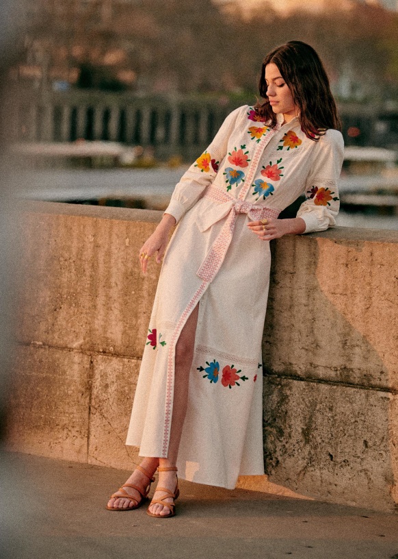 Georgia Dress - Embroidered Ecru / Multicoloured - Organic Cotton - Sézane