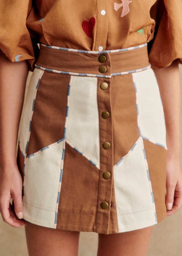 Gwenda Skirt S zane x Pangea Coffee Ecru Patchwork