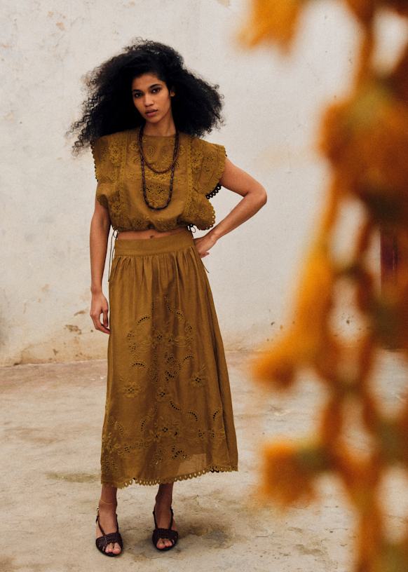 Noa Skirt - Placed Ecru Embroidery - Viscose - Sézane