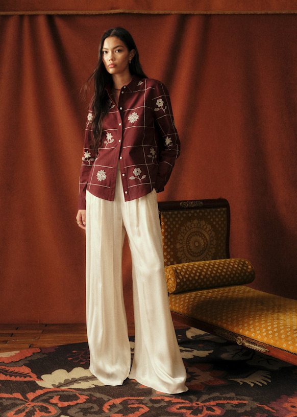 Tom Shirt - Sézane x Baziszt - Burgundy with Floral Embroidery