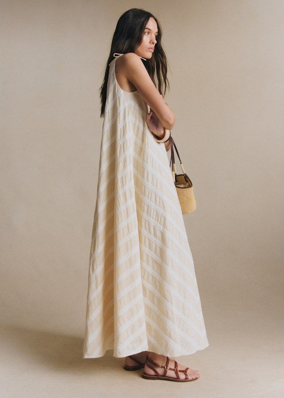 Ysara Dress - Ecru with Blue Morning Dew Embroidery - Organic