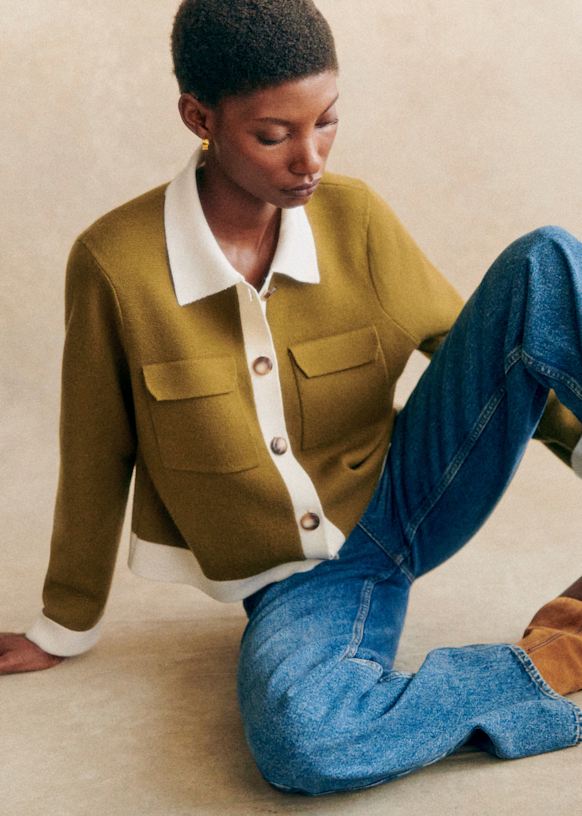 Betty Cardigan Olive Green Ecru Details Merino Wool Sézane