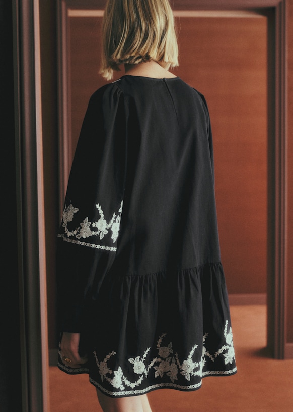 Clarice Dress - Black with Cream Embroidery - Organic Cotton