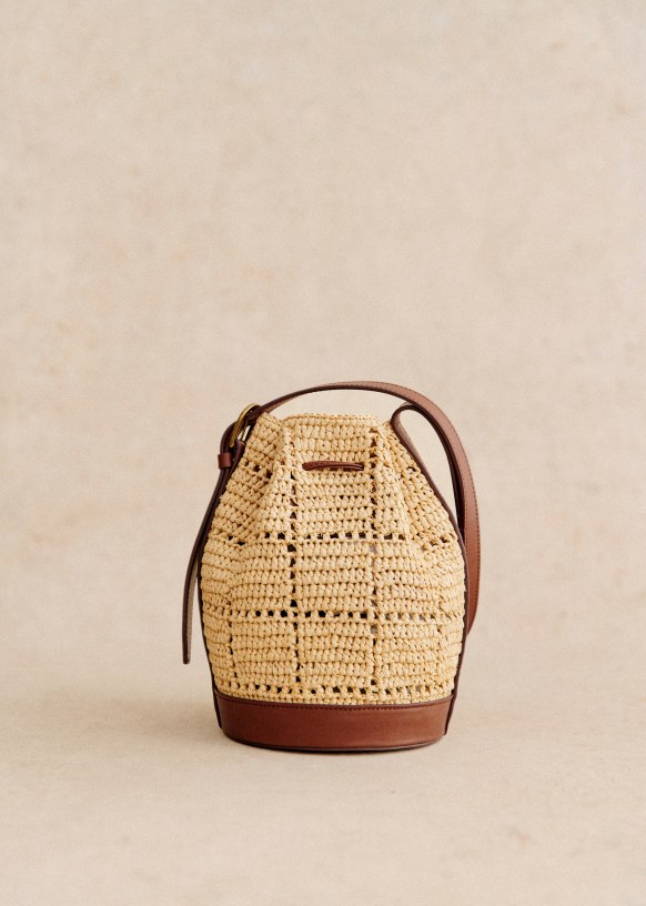 [SEZANE] フラワーモチーフ ミニバケットバッグ Mini Farrow Raphia Bag - Multicolour Embroidered Flowers