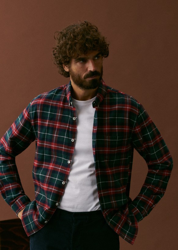 Camicia Uomo In Flanella Scozzese A Quadri - Morbida E Calda, Con Bottoni, Tasca Sul Petto - Colore Verde/Rosso Natale, Taglia M