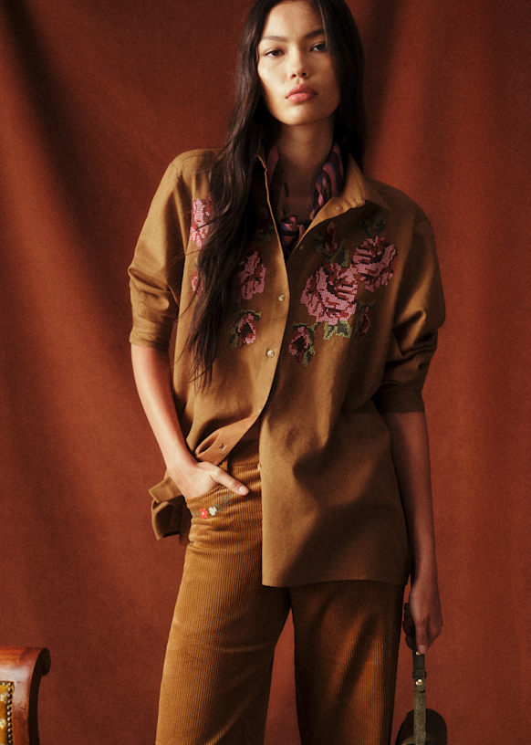 Jeanette Shirt - Sézane x Baziszt - Coffee with Floral Embroidery