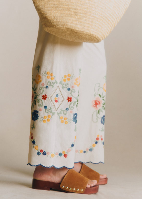 Fausto Trousers - Vintage Blue with Contrasting Ecru Embroidery