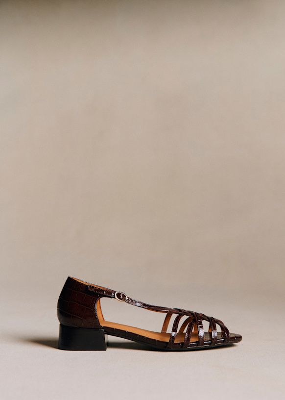 超美品 ポルトガル製 SOULIERS SÉZANE サンダル 編込 本革 Juliette ローサンダル - クロコ・ブラウン - 牛革 - Sézane