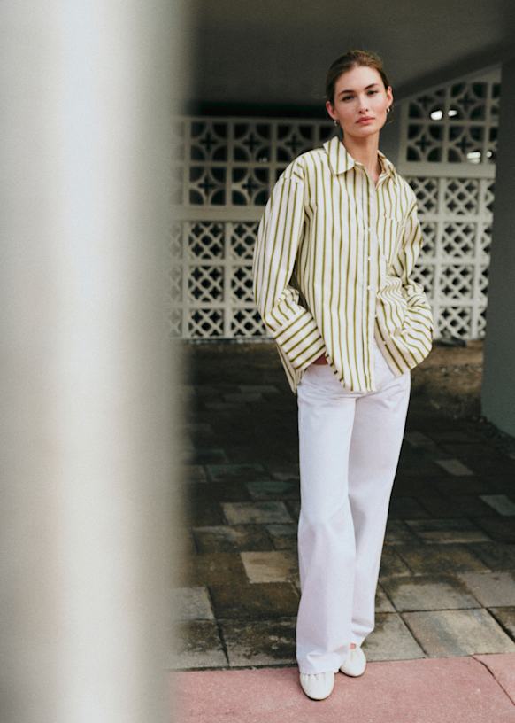 Bilma Shirt - Ecru Khaki Stripes - Cotton - Sézane