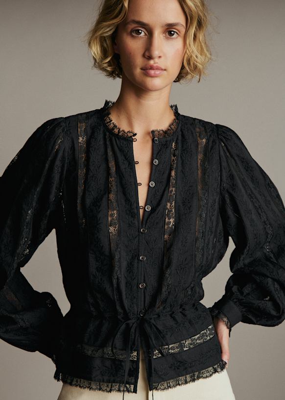 SEZANE 未使用品 バンドカラー レース パフスリーブ 長袖 シャツ Sibel Shirt - Black - Organic Cotton - Sézane