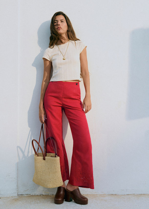 Pantalon Gilles - Broderie Placée Rouge - Lin - Sézane