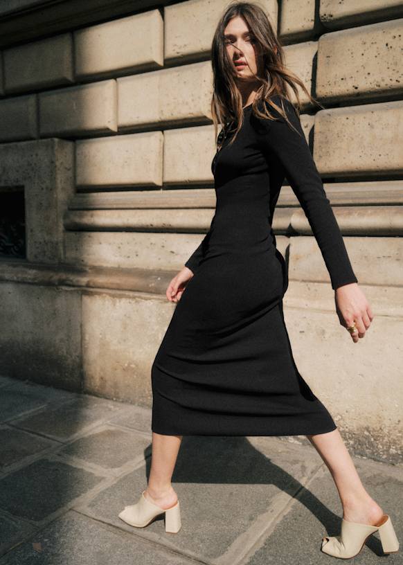 【Sezane】 ミディ丈 オーガニックコットン ロングドレス Elodie ドレス - ブラック - オーガニックコットン