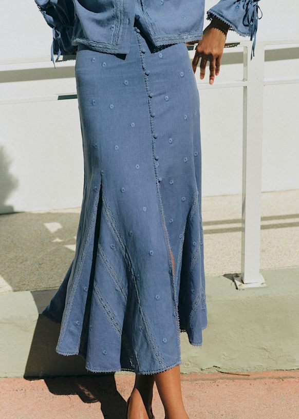 Jolane スカート - ブルー カーネーション 無地 刺繍 - リネン - Sézane