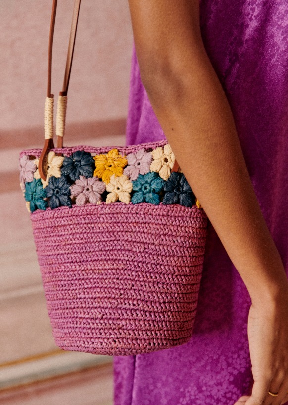 Sac Panier Cabas En Rafia Tissé Violet - Fermeture éclair - Neuf Sans étiquettes - Taille Moyenne