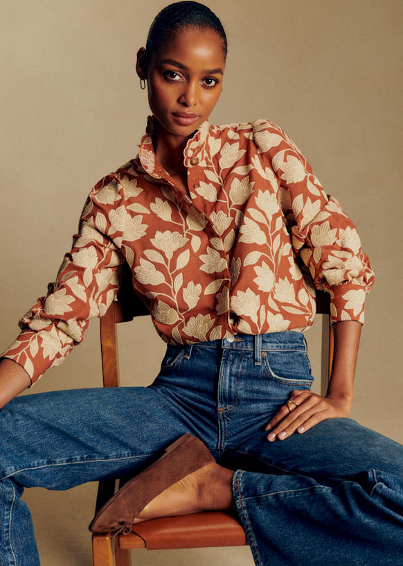 Ambre Shirt - Blue Bouquet Embroidery - Organic Cotton - Sézane