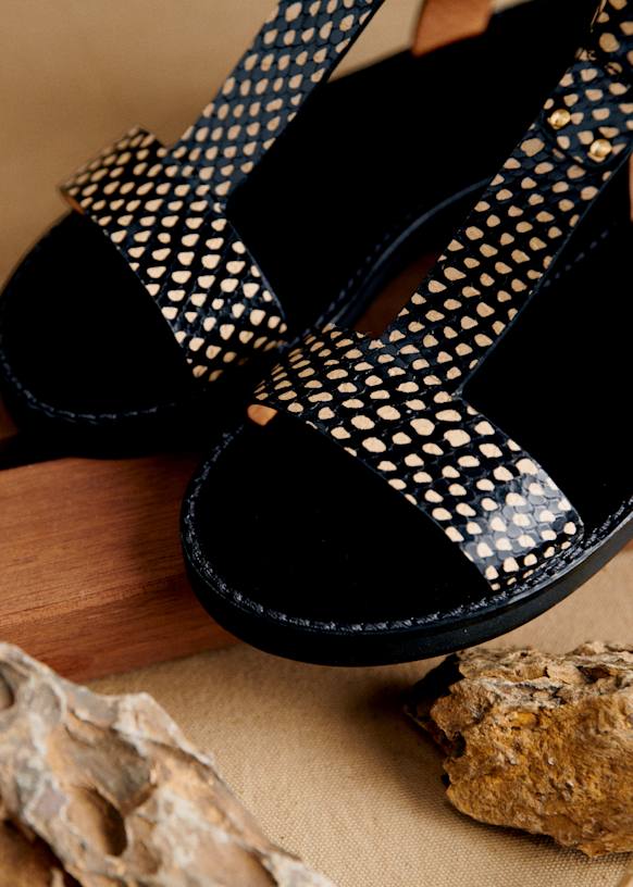 Tisha Low Sandals - Glossy Black with Gold Details - Bovine