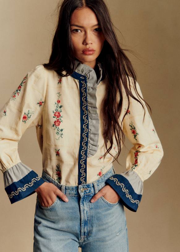 Blouse Colinette - Sézane x Baziszt - Bico Ecru Bleu