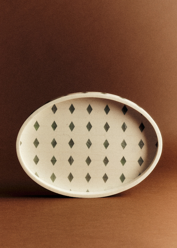 Oval Tray - Ecru and Green Diamond Pattern - Wood - Sézane