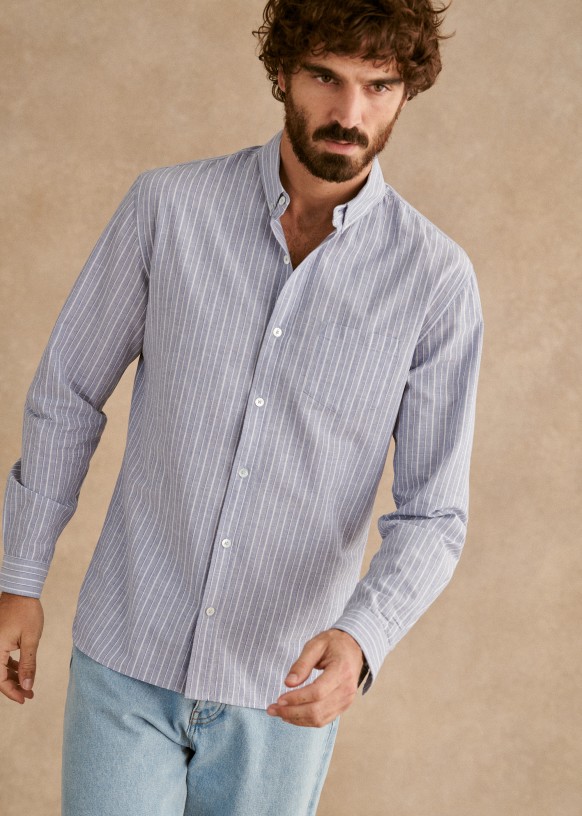 Cotton Linen Charlie Shirt - Blue White Stripes - Cotton - Octobre Éditions