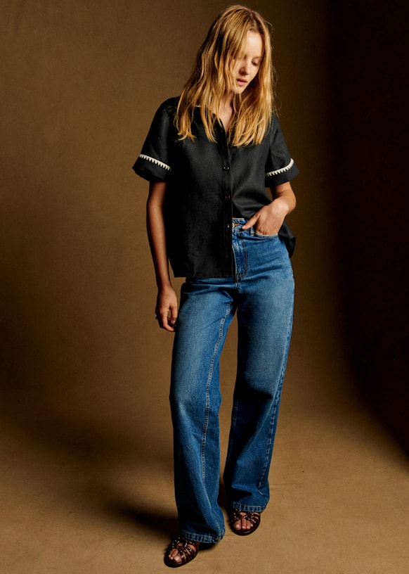 Ticia Dress - Black with Ecru Trimming - Linen - Sézane