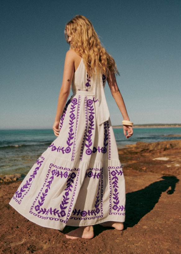 Svetlana Dress Purple embroidery on ecru background Cotton Sezane
