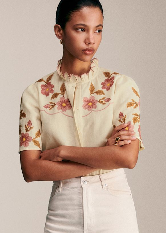 Diane Blouse - Ecru with Contrasting Flower Embroidery