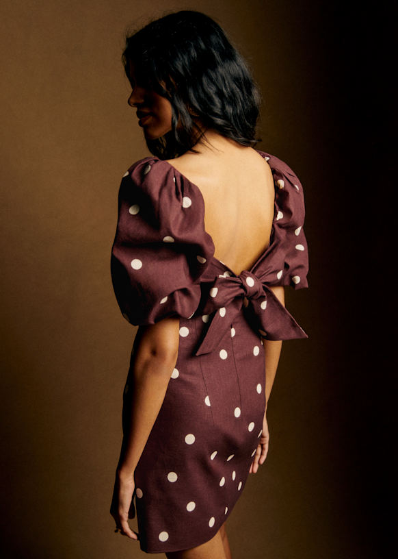 Armidaドレス - アースカラー地にエクリュポルカドットプリント