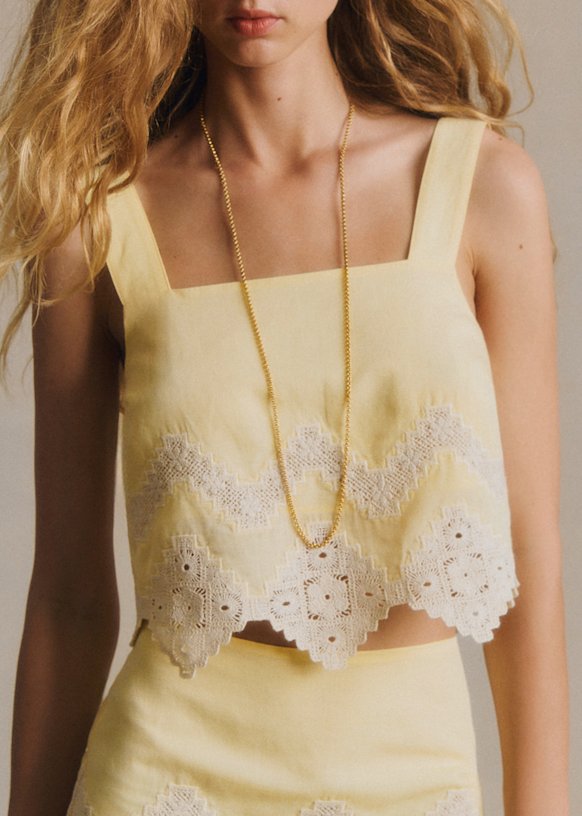 Marga Blouse - Yellow with Ecru Diamond Embroidery - Organic
