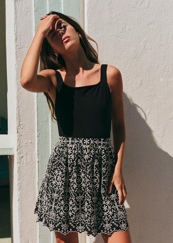 mame＊Embroidery Jersey Skir Nao Skirt - Contrast Embroidery Black Ecru - Organic cotton
