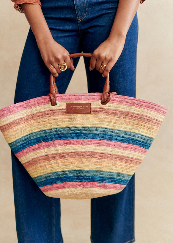 うのにもお得な Justine Raffia - Stripes Navy Raffia - Bag Basket Maxi バッグ