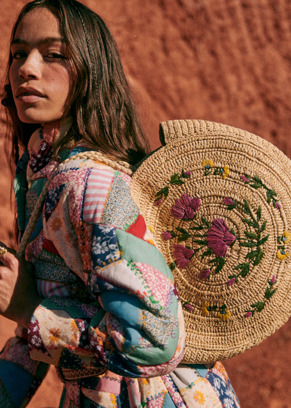 June Basket - Natural / Embroidered Flowers - Raffia - Sézane