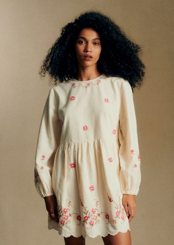 Zelie Dress - Sézane x Andion - Cream with Pink Floral Embroidery