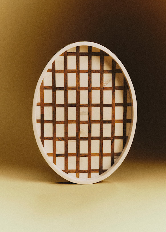 Oval Tray - Ecru and Acacia Grid Pattern - Wood - Sézane
