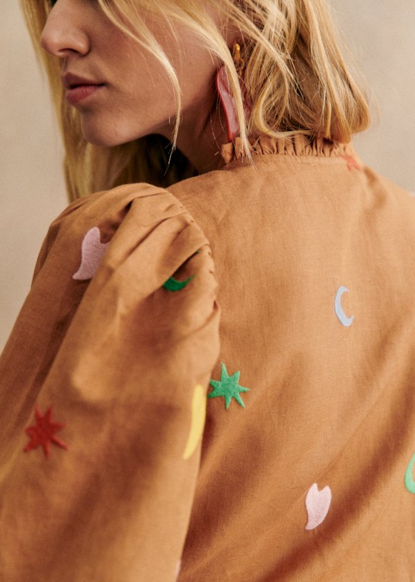 Anton Blouse - Sézane x Pangea - Embroidered Coffee - Linen - Sézane
