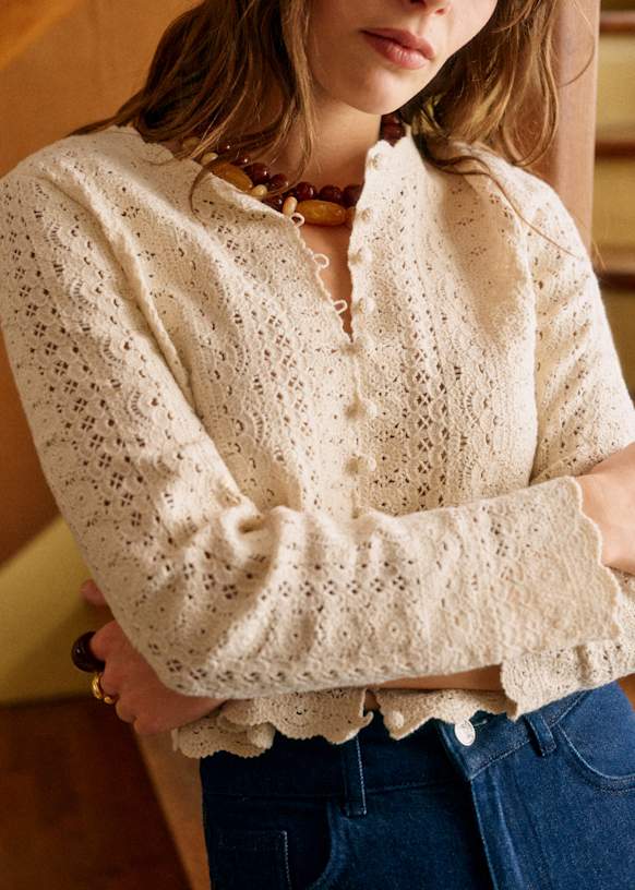 【名入れ無料】 - Cardigan Noelie Cream textile organic - cotton Organic - トップス