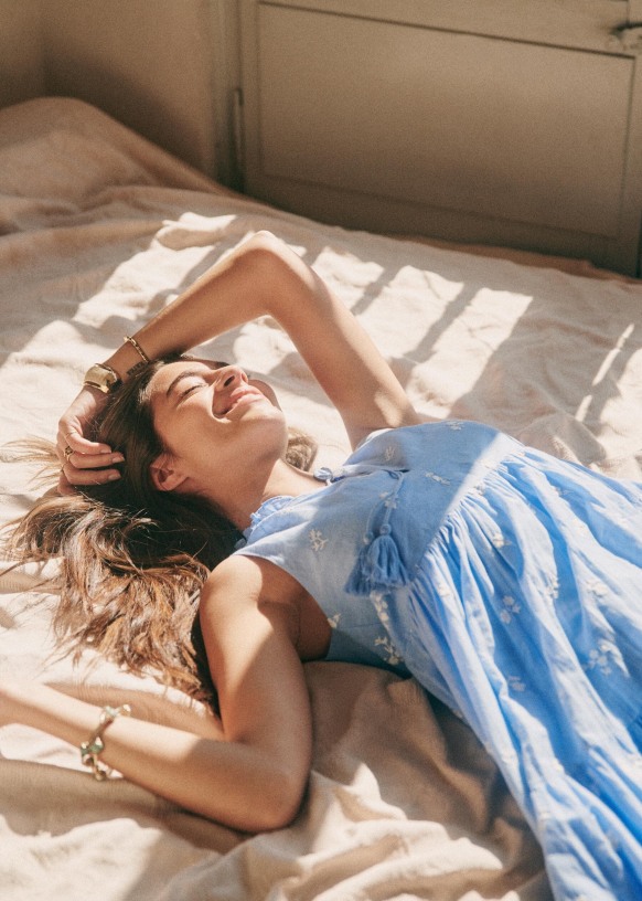 Clare dress Ecru Blue Background Embroidered Flowers Cotton Sezane