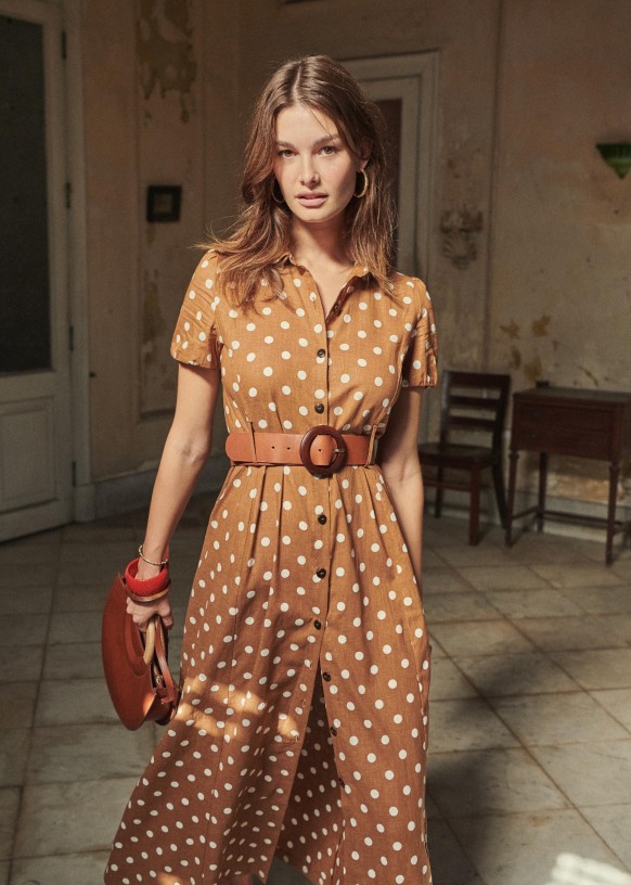 Clarisse, robe smockée, en coton-lin jaune