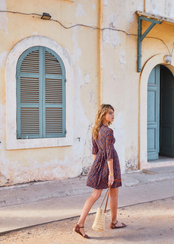 Robe Ambroise Imprime Petites Fleurs Marine Polyester Sezane