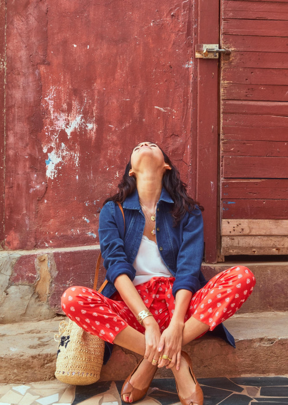 Eddy ストレートパンツ - ブルーフラワープリント - シルク - Sézane