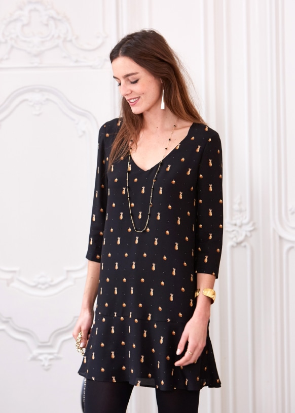 Aime Dress. - Silk Printed Pineapple - Polyester - Szane