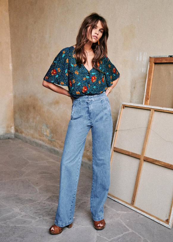 SEZANE フラワープリント ボウタイブラウス ブルー ビスコース