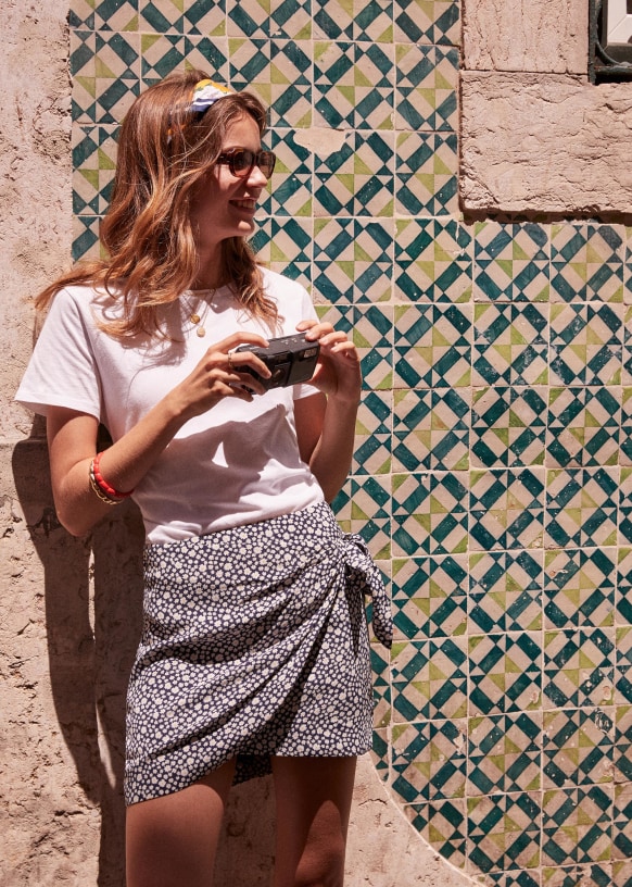 Jupe Pacome Imprime Marguerite Fond Bleu Soie Sezane