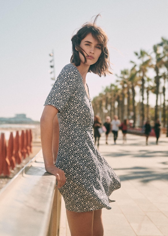 Sola Dress Blue Background Daisy Print Viscose Sezane