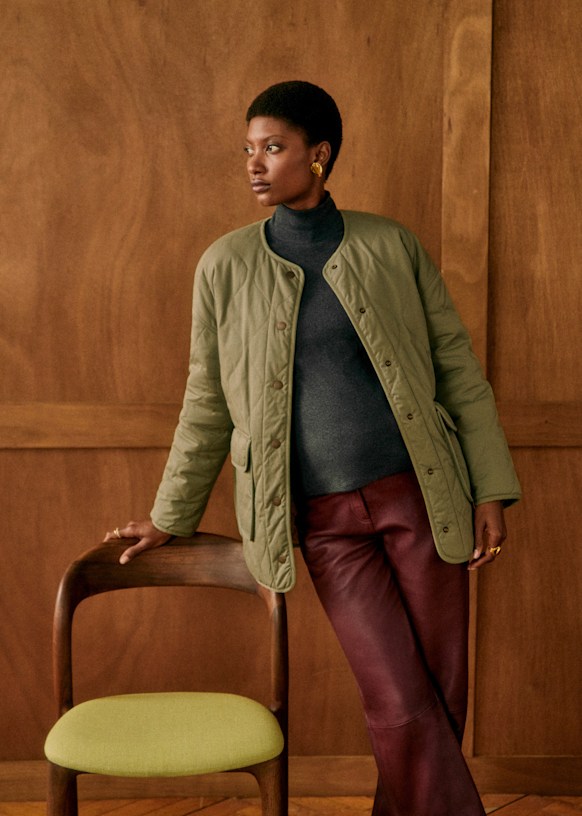 Farel Jacket - Olive Green Orange Check - Wool - Sézane