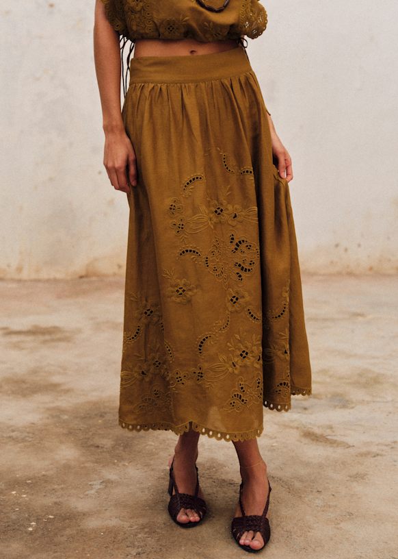 Noa Skirt - Embroidered Bronze - Viscose - Sézane