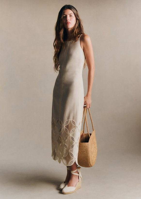 美品SEZANE　EDITIONSリネンドットキャミワンピース　XS　ベージュ系 Cherina Dress - Cream with Crochet Detailing - Organic cotton
